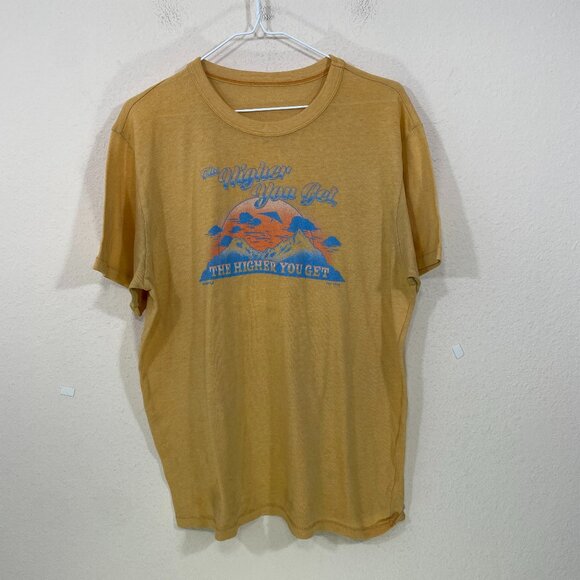 Kavu Graphic Tee  Men's Size L /XL?  Mustard Yellow " The Higher You Get" FLAWS! - Picture 1 of 7